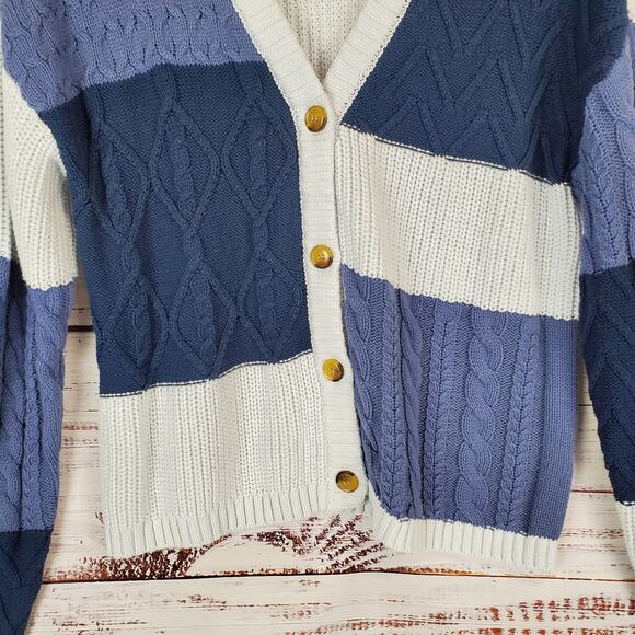 Olivia Sky Retro Grandma Sweater L Blue Chunky Mixed Media Knit Cozy Cardigan - Picture 5 of 11